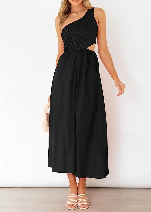 KIRUNDO Sleeveless One Shoulder Smocked Maxi Dress