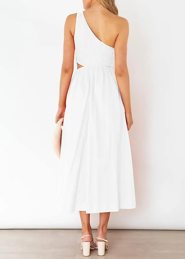 KIRUNDO Sleeveless One Shoulder Smocked Maxi Dress