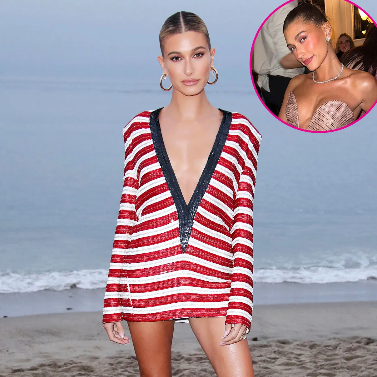 Promo Hailey Bieber Sparkles in Daring Blush Minidress at Rhode Skincare Party
