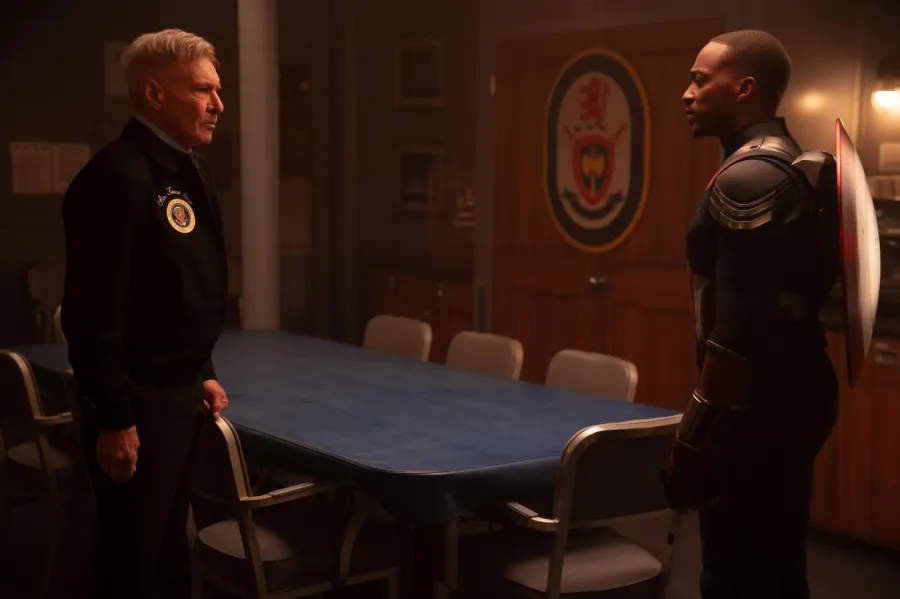 Harrison Ford as President Thaddeus Ross and Anthony Mackie as Sam Wilson/Captain America in Cap 4