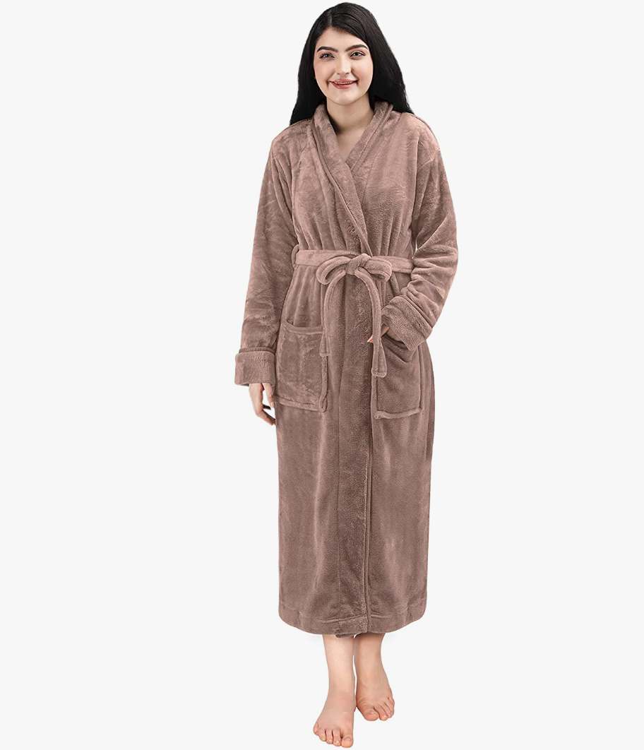NY Threads Womens Fleece Bathrobe - Shawl Collar Soft Plush Spa Robe (Large, Taupe)