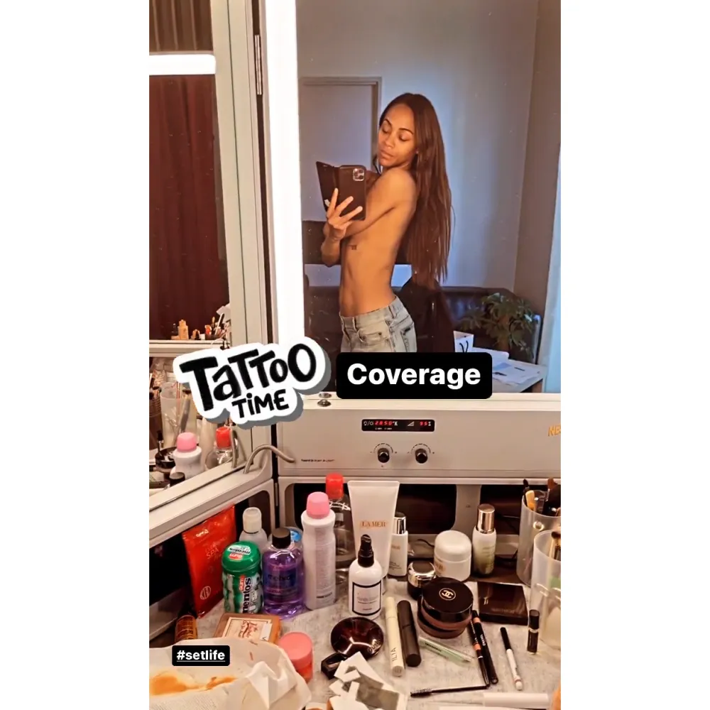 Zoe Saldana Poses Topless, Shows Rare Glimpse of Her Tattoo of Husband Marco Perego&rsquo;s Face
