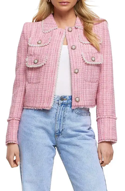 River Island Faux Pearl Crop Boucl&eacute; Blazer in Pink at Nordstrom, Size 8