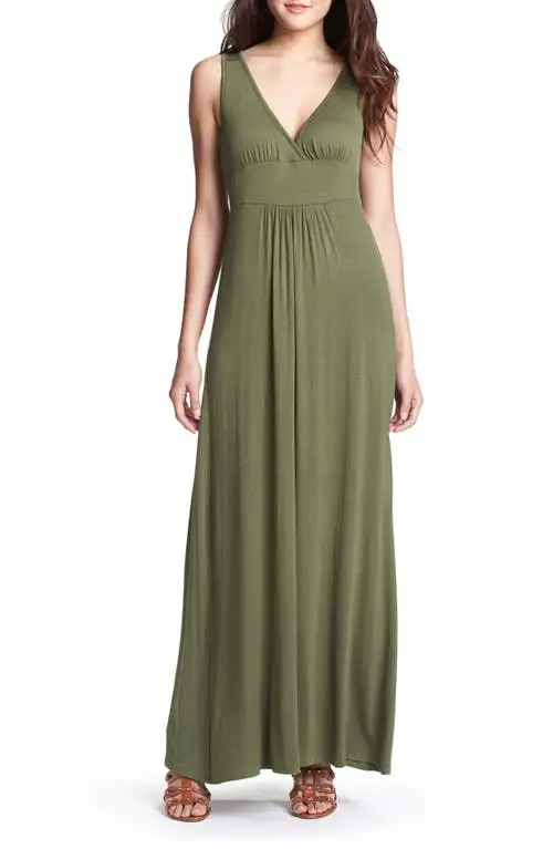 Loveappella V-Neck Jersey Maxi Dress in Olive at Nordstrom, Size X-Small
