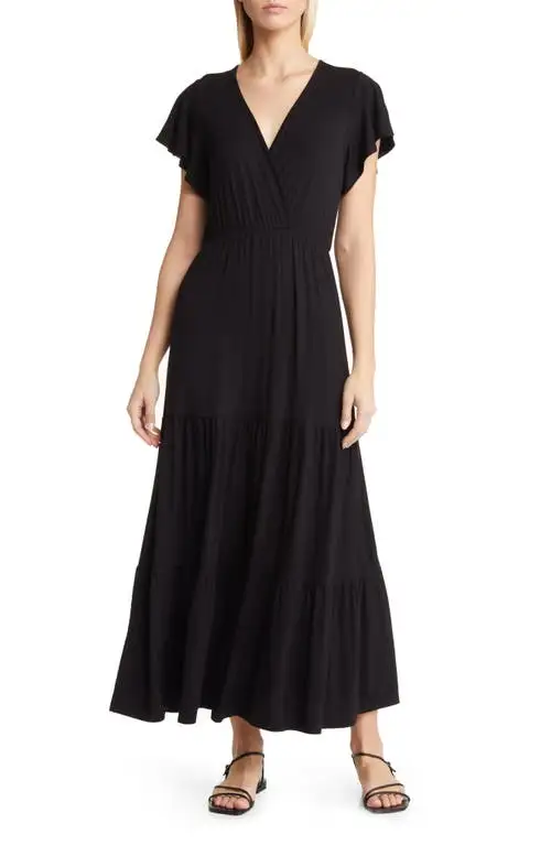 Loveappella Tiered Faux Wrap Knit Maxi Dress in Black at Nordstrom, Size Small