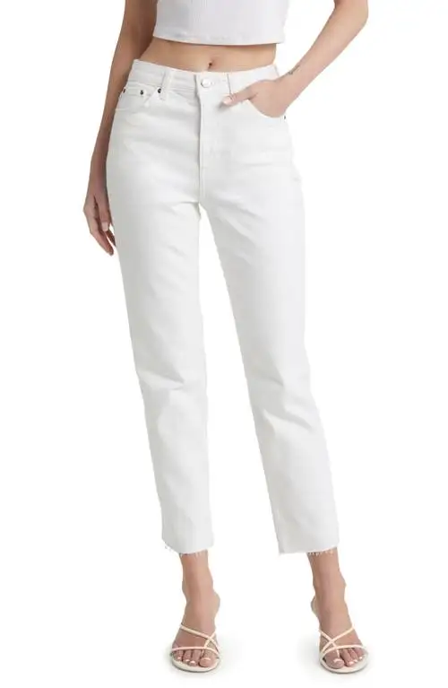 Topshop Straight Leg Raw Hem Jeans in White at Nordstrom, Size 28W X 32L