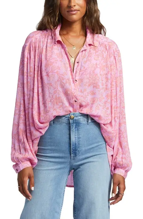 Billabong Day After Day Floral Drapey Button-Up Blouse in Pink Trails at Nordstrom, Size Small