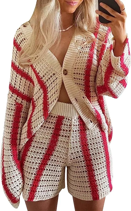 crochet striped shorts set