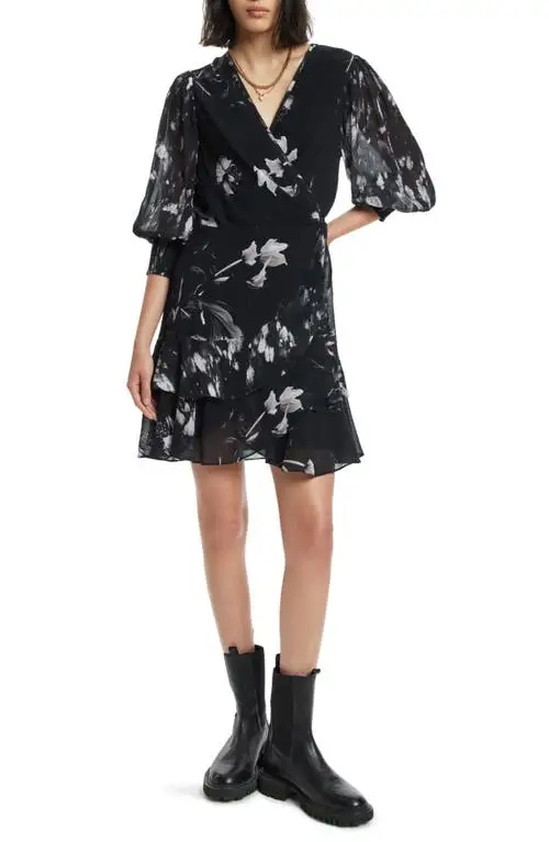 AllSaints Ari Pauline Floral Print Faux Wrap Dress in Black at Nordstrom, Size 2 Us
