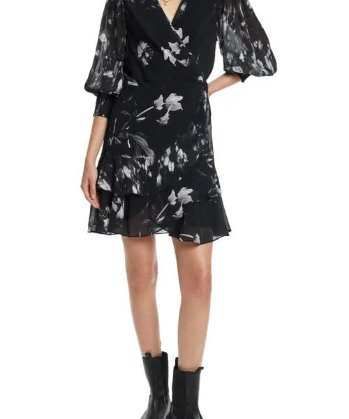 AllSaints Ari Pauline Floral Print Faux Wrap Dress in Black at Nordstrom, Size 2 Us