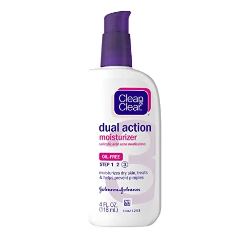 Clean & Clear Essentials Dual Action Facial Moisturizer, 0.5% Salicylic Acid Acne Medication to Moisturize Dry Skin, Treat Acne & Help Prevent Pimples, Oil Free for Acne-Prone Skin, 4 oz (Pack of 3)