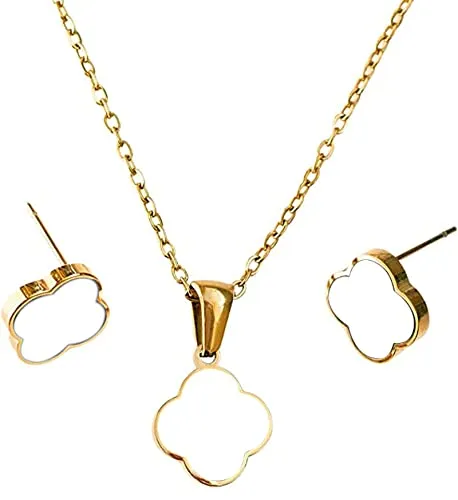 GEDELLY Lucky Four-Leaf Clover Set Earrings Necklace Pendant Classic Pendant Necklace Fashion Earrings Birthday Valentine's Day Christmas Jewelry Gift,LDNTZ-139-White