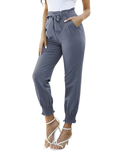 GRACE KARIN Work Pants for Women Ruffle Waist Shirred Detail Cropped Pants Blue M