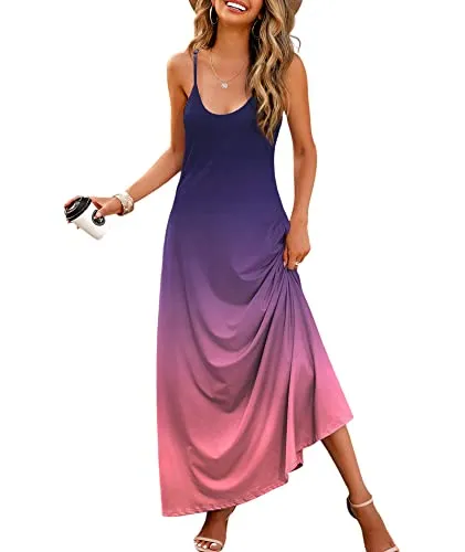 Wolddress Womens 2023 Casual Sleeveless Sundress Plus Size Loose Plain Long Summer Beach Maxi Dress with Pockets Gradient Pink Purple 2X