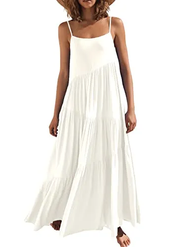 ANRABESS Women&rsquo;s Summer Casual Loose Sleeveless Spaghetti Strap Tiered Asymmetric Beach Maxi Long Dress 523bai-XL White