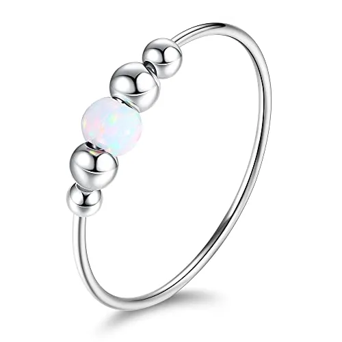 ADRAMATA 925 Sterling Silver Fidget Rings for Anxiety for Women Anxiety Relief Bead Spinner Rings Handmade Opal Ring 18K White Gold Plated Anxiety Ring for Women Anti Anxiety Ring Size 7