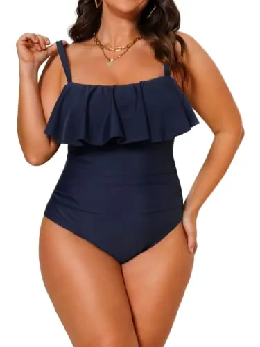 CUPSHE Women Swimsuit Plus Size One Piece Bathing Suit Flowy Ruffle Trim Ruched Front Tummy Control, 1X Dark Blue