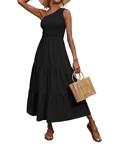 BTFBM Women One Shoulder Sleeveless Casual Summer Dresses 2023 Smocked High Waist Floral Flowy Beach Boho Maxi Dress(Solid Black, Large)