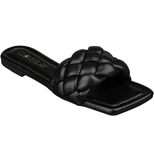 CLOVERLAY Yara Women's Square Open Toe Slides Braided Woven Single Band Slip on Flat Sandals (9, Black PU)