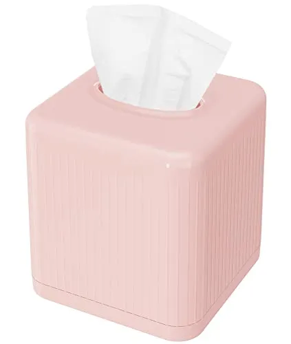 Livelab Tissue Box Cover with Base, Square Plastic Tissue Box Holder Decorative Tissue Cover Modern Cube Facial Tissue Dispenser for Bathroom Vanity Countertop, Living Room, Bedroom, Office - Pink