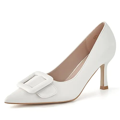 Coutgo Women's Pointed Toe Pumps Slip on Elegant Wedding Pumps Kitten Heel Dress Shoes with Square Buckle