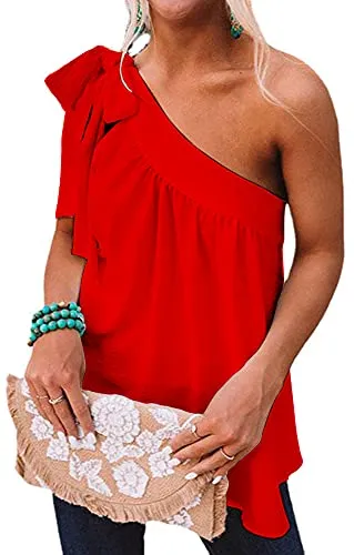 Guteidee Womens One Shoulder Tops Casual Tie Bow Knot Sleeveless Tanks Tops Blouse Tunic Shirts Red Large