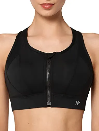 Yvette High Impact Zip Front Sports Bra Mesh Racerback Workout High Support Sports Bras for Women Large Bust Black
