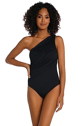 La Blanca Womens Blanca Women's Swimsuit, Black, Women s Island Goddess Shirred One Shoulder One Piece Swimsuit Black 8, Black, 8 US