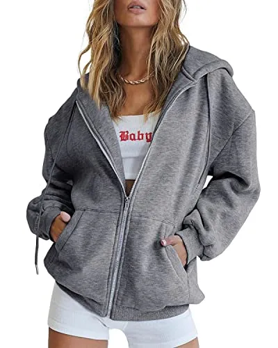 Trendy Queen Womens Cute Hoodies 2023 Fall Clothes Oversized Sweatshirt Zip up Fleece Jackets Long Sleeve Comfy Aesthetic Teen Girls Trendy Cute Y2K Zipper Tops with Pocket Dark Grey