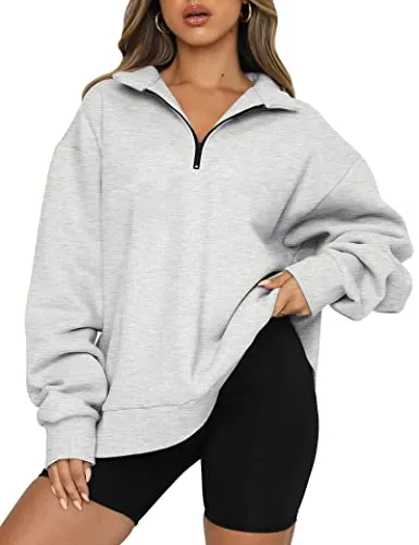 Trendy Queen Womens Hoodies Oversized Half Zip Pullover Sweatshirts Long Sleeve Shirts Tops Y2k Fall Sweaters Clothes 2022 Outfits Grey