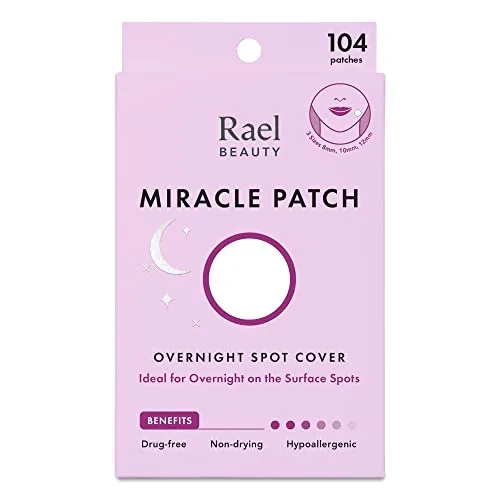 Rael Pimple Patches, Miracle Overnight Spot Cover - Hydrocolloid Acne Patches for Face, Zit and Blemish Spot, Thicker & Extra Adhesion, Acne Absorbing Cover, for All Skin Types, Vegan, Cruelty Free, 3 Sizes (104 Count)