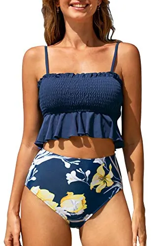 CUPSHE Women's High Waist Bikini Swimsuit Floral Print Ruffle Two Piece Bathing Suit, M Navy Blue