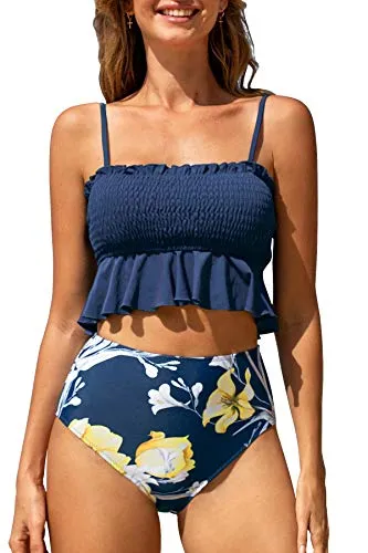 CUPSHE Women's High Waist Bikini Swimsuit Floral Print Ruffle Two Piece Bathing Suit, M Navy Blue