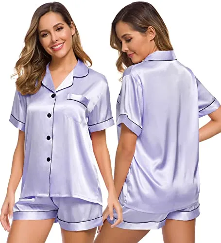 SWOMOG Womens Silk Satin Pajamas Set Two-Piece Pj Sets Sleepwear Loungewear Button-Down Pj Sets Lavender