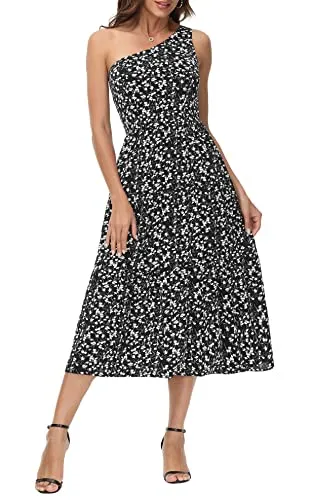 GRACE KARIN Women Summer Beach Floral One Shoulder Midi Dress Boho Sleeveless Ruffled Party Dress Black XL