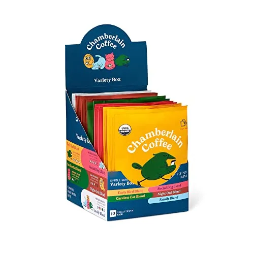 Chamberlain Coffee Variety Box Single Serve Bags, Includes All 5 Blends of Our Single Serving Coffee Packets, Original Family Blend, Early Bird Blend, Night Owl Blend, Careless Cat Blend, Social Dog Blend, 10 Total Bags