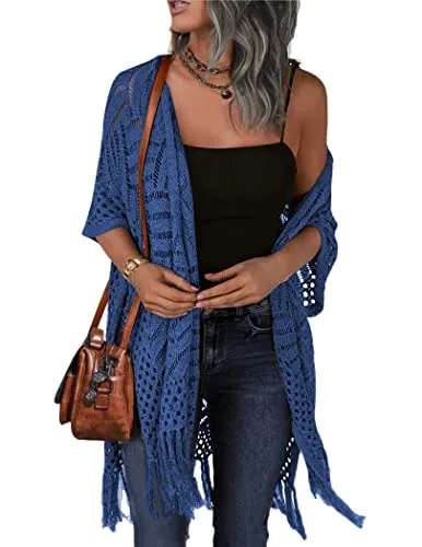Hotouch Womens Shawl Neck Sweater Hollow Out Knit Cardigan Long Sleeve Tassel Kimonos Blue, Large