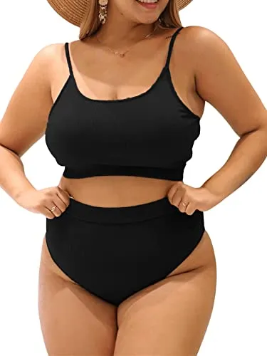 Romwe Women's Plus 2 Piece Ribbed High Waist Bikini Sets Basic Swimsuits Solid Bathing Suits Swimwear Black 0XL