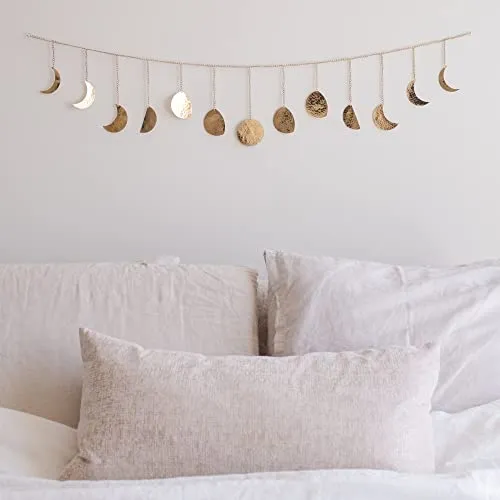 Moon Phase Wall Hanging, Handmade Hammered Gold Metal 13 Moons 36" Garland, Phases of the Moon, Celestial Lunar Art, Bohemian Aesthetic Gold Room Boho Decor for Bedroom Replica Luxury Handbag Dorm Living Room Girl Gift