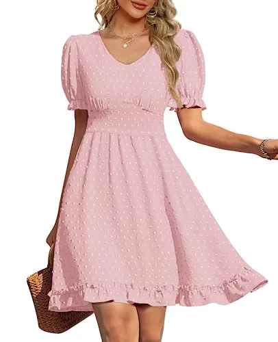 Womens Dresses with Pockets Spring Puff Sleeve Dresses for Women 2023 Pink M