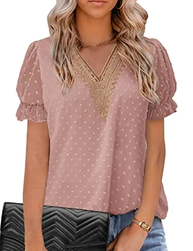 Zeagoo Women Spring Tops Dressy Casual Puff Sleeve Shirt Blouse Lace Chiffon Pom Poms Shirts Dusty Pink M