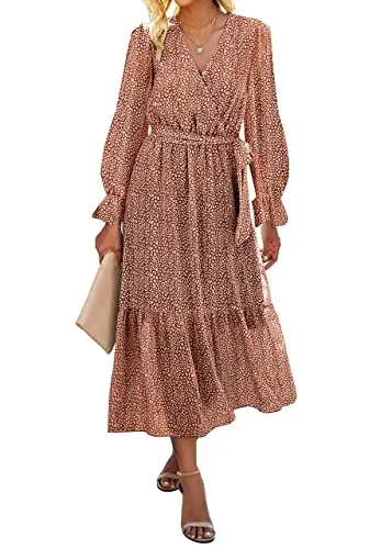 BTFBM Women's Casual Party Summer Fall Dresses 2023 Long Sleeve Wrap V Neck Swiss Dot Swing A-Line Maxi Dress with Belt(Coffee, Medium)