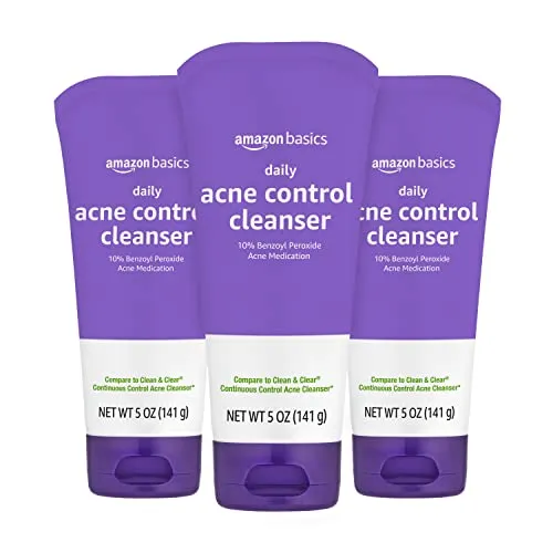 Amazon Basics Daily Acne Control Cleanser, Maximum Strength 10% Benzoyl Peroxide Acne Medication, 5 Oz, Pack of 3 (Previously Solimo)