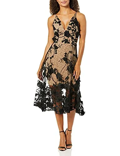 Dress the Population Women's AUDREY SPAGHETTI STRAP MIDI A-LINE 3D FLORAL DRESS Dress, -black/nude, L