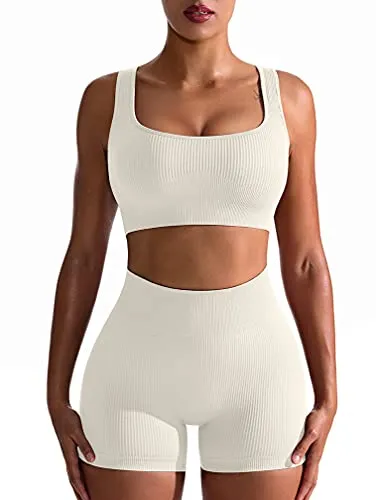 OQQ Women's Workout 2 Piece Seamless Ribbed High Waist Legging Sports Exercise Set Bra Outfit, Beige, Large