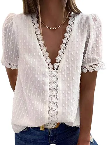 Dokotoo Womens Ladies 2023 Summer Sexy Lace Crochet V Neck Short Sleeve Pom Pom Boho Shirts Casual Loose Solid Chiffon Blouses for Women Tops White Large