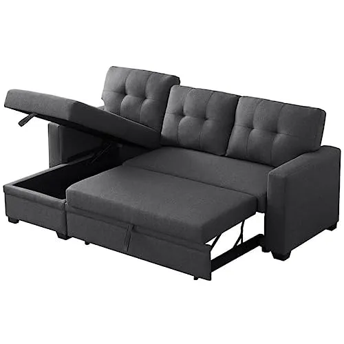 Devion Furniture Contemporary Reversible Sectional Sleeper Sectional Sofa with Storage Chaise in Dark Gray Fabric