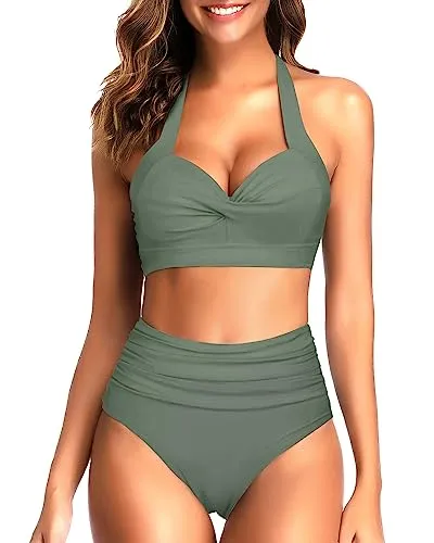 Tempt Me Women's Vintage Swimsuits Olive Green Retro Halter Ruched High Waist Bikini with Bottom L