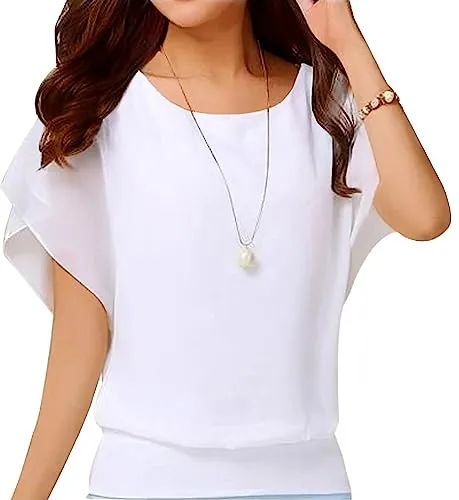 Neineiwu Ladies Summer Shirt Short Sleeve Batwing Sleeve Round Neck Loose Chiffon Blouse Tops (White M)