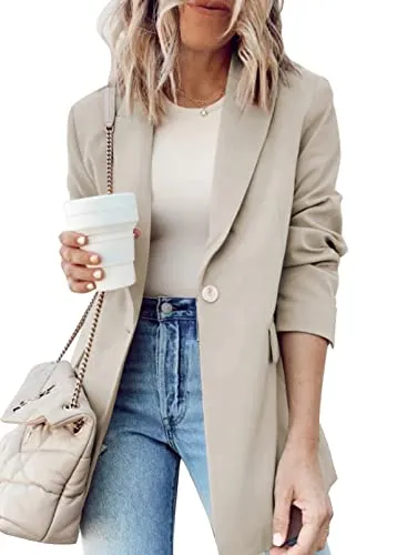 Dokotoo Women's Blazers & Suit Jackets Open Front Buttons Fashion Jacket Solid Color Work Office Spring Blazer Jackets for Women Business Casual Khaki Large
